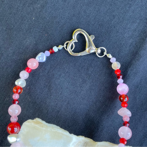 True Love Pink Red & White Beaded Necklace Ceramic Heart Face Pendant Pearl - Picture 8 of 13